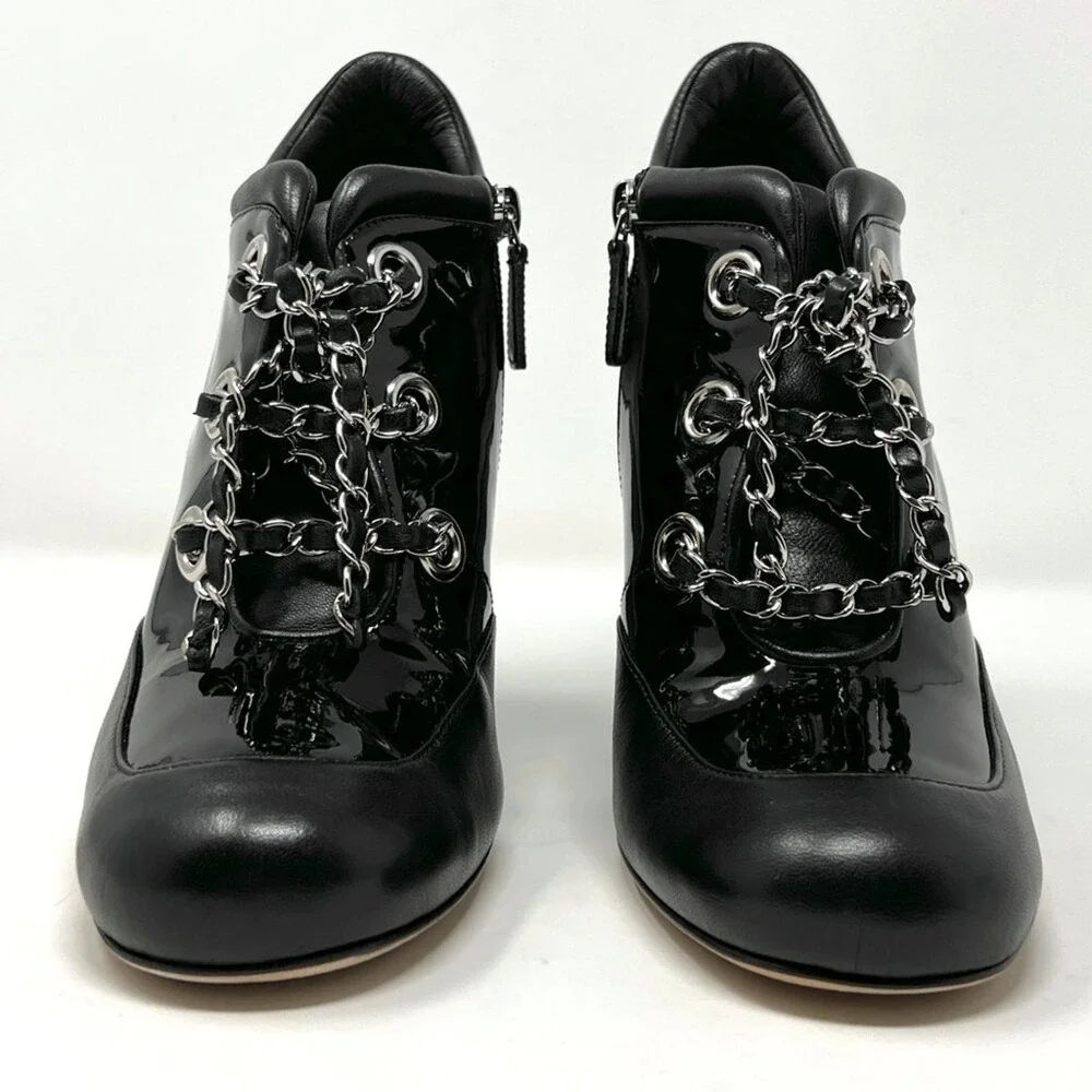 Chanel Black Patent‎ Leather Wedge Ankle Boots Chain Lace 38.5